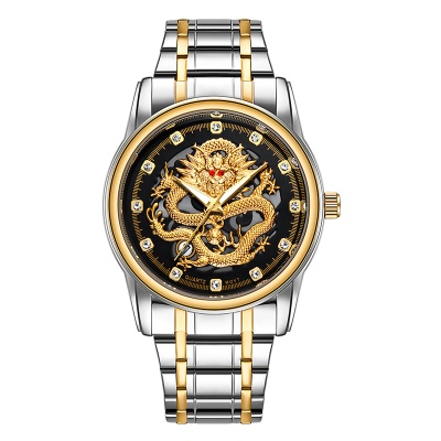 YASHIDUN Montre pour les hommes Dragon d'or modèle en acier avec des aiguilles lumineuses
