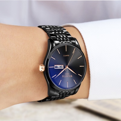 WLISTH  montre  en acier/bracelet en cuir imperméable avec  calendrier
