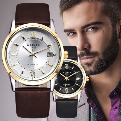 WLISTH Montre pour hommes avec bracelet en cuir, boucle Automatique - Mécanique - Double Squelette