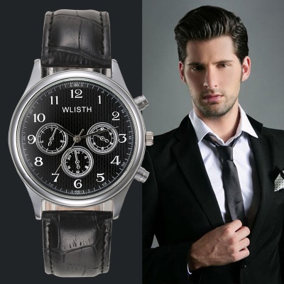 WLISTH Montres pour hommes Bracelet en acier/Bracelet en cuir imitation à trois yeux boucle ardillon