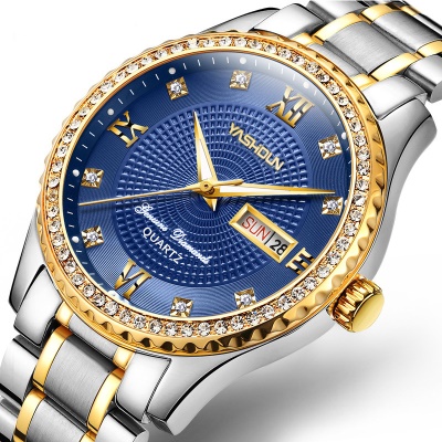 Montre homme incrusté de diamants en acier avec bande étanche à l'eau