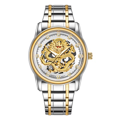 YASHIDUN Montre pour les hommes Dragon d'or modèle en acier avec des aiguilles lumineuses