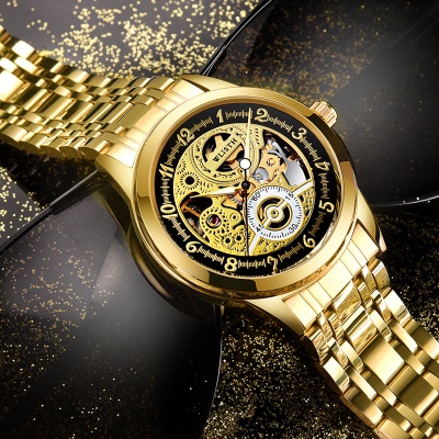 WLISTH montres pour les hommes entièrement automatique creux mécanique or