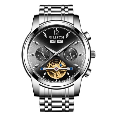 WLISTH montres pour les hommes en acier/bracelet en cuir double calendrier ajourée volant en spirale