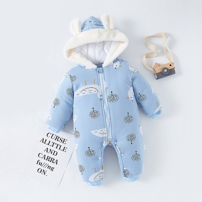 Combinaison bébé imprimé dessin animé épaississant clip coton capuche