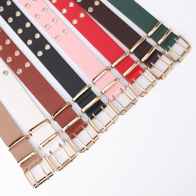 Ceinture femme avec double rangée de trous boucle aiguille carrée en cuir PU
