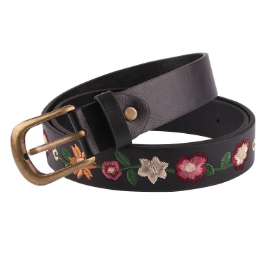 Ceinture femme brodée fleur en cuir PU noir