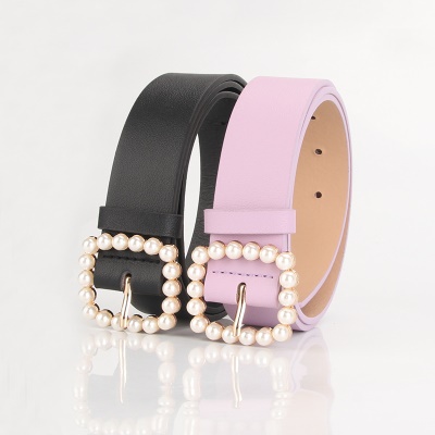 Ceinture pour femmes forme carrée boucle perle retouchée en cuir PU