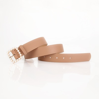 Ceinture pour femmes forme carrée boucle perle retouchée en cuir PU