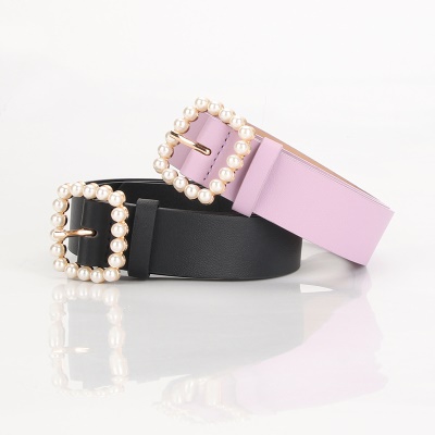 Ceinture pour femmes forme carrée boucle perle retouchée en cuir PU