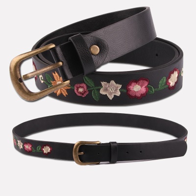 Ceinture femme brodée fleur en cuir PU noir