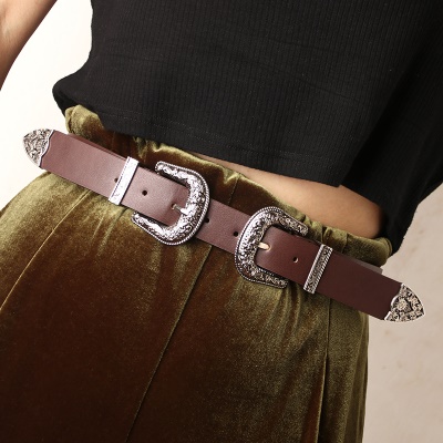 Ceinture femme en alliage sculpté double boucle en cuir PU