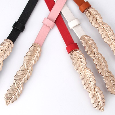 Ceinture en cuir mince avec boucle feuille pour femme