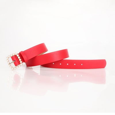 Ceinture pour femmes forme carrée boucle perle retouchée en cuir PU