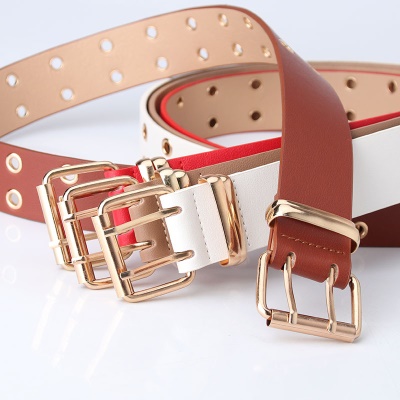 Ceinture femme avec double rangée de trous boucle aiguille carrée en cuir PU