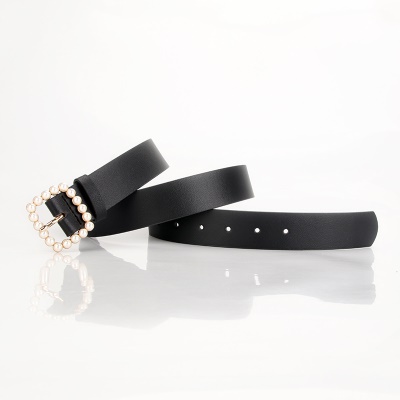 Ceinture pour femmes forme carrée boucle perle retouchée en cuir PU