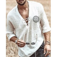 Chemise Homme fermée cou V élargi à lacet  à Manches 3/4 coton et lin