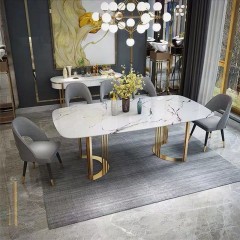 Ensemble de table à manger en marbre et chaises avec pieds en bois massif
