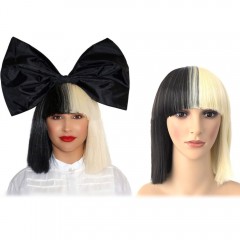 Cosplay perruque synthétique sans dentelle cheveux noirs et blancs moyen long 16 pouces avec frange