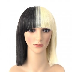Cosplay perruque synthétique sans dentelle cheveux noirs et blancs moyen long 16 pouces avec frange