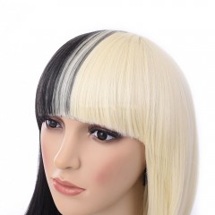 Cosplay perruque synthétique sans dentelle cheveux noirs et blancs moyen long 16 pouces avec frange