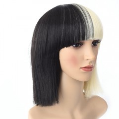 Cosplay perruque synthétique sans dentelle cheveux noirs et blancs moyen long 16 pouces avec frange