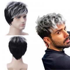 Perruque homme gris-noir cheveux en fibre synthétique courts de 6 pouces