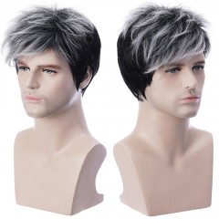 Perruque homme gris-noir cheveux en fibre synthétique courts de 6 pouces