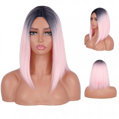 Perruque aux cheveux  raide  rose-noire en fibre synthétique sans lace