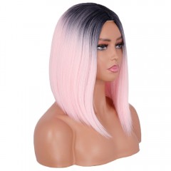 Perruque aux cheveux  raide  rose-noire en fibre synthétique sans lace