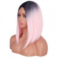 Perruque aux cheveux  raide  rose-noire en fibre synthétique sans lace