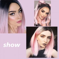 Perruque aux cheveux  raide  rose-noire en fibre synthétique sans lace