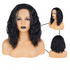 Perruque noir bouclée en fibre synthétique avec dentelle avant eveux noir devant dentelle Naturellement bouclés
