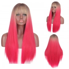 Perruque en fibre synthétique 28 pouces cheveux rouge raides avec une frange