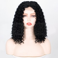 Perruque en fibre synthétique 12 pouces dentelle frontale cheveux noir bouclés