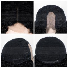 Perruque en fibre synthétique 12 pouces dentelle frontale cheveux noir bouclés