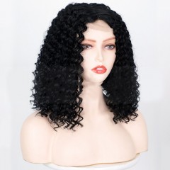 Perruque en fibre synthétique 12 pouces dentelle frontale cheveux noir bouclés