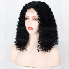 Perruque en fibre synthétique 12 pouces dentelle frontale cheveux noir bouclés