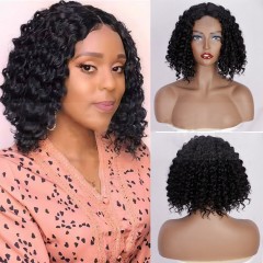 Perruque en fibre synthétique 10 pouces cheveux noir courts ondulé avec la dentelle frontale