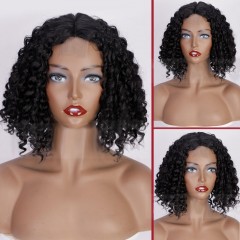 Perruque en fibre synthétique 10 pouces cheveux noir courts ondulé avec la dentelle frontale