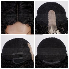 Perruque en fibre synthétique 10 pouces cheveux noir courts ondulé avec la dentelle frontale