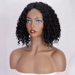 Perruque en fibre synthétique 10 pouces cheveux noir courts ondulé avec la dentelle frontale