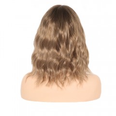 Perruque en fibre synthétique 15 pouces dentelle frontale cheveux marron ondulés