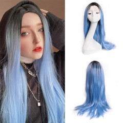 Perruque raide bleu-noire en fibre synthétique de 28 pouces