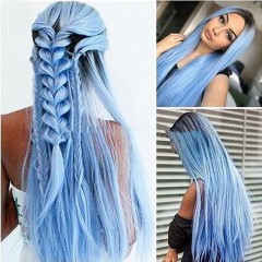 Perruque raide bleu-noire en fibre synthétique de 28 pouces