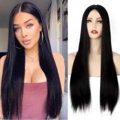 Perruque synthétique lisse de 28 pouces avec  dentelle devant ,noire, douce et résistante à la chaleur