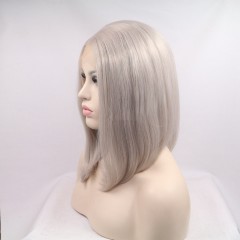 Perruque raide en fibre synthétique  de 12 pouces au cheveux doux et lisses avec lace frontal