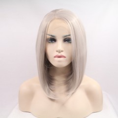 Perruque raide en fibre synthétique  de 12 pouces au cheveux doux et lisses avec lace frontal