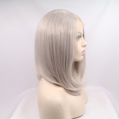 Perruque raide en fibre synthétique  de 12 pouces au cheveux doux et lisses avec lace frontal