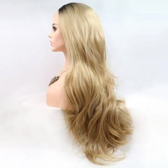 Perruque synthétique aux cheveux blonds longs ondulés